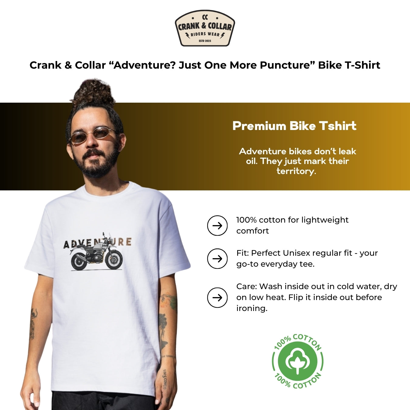 Crank & Collar “Adventure? Just One More Puncture” Bike T-Shirt | Motorcycle Touring Tee