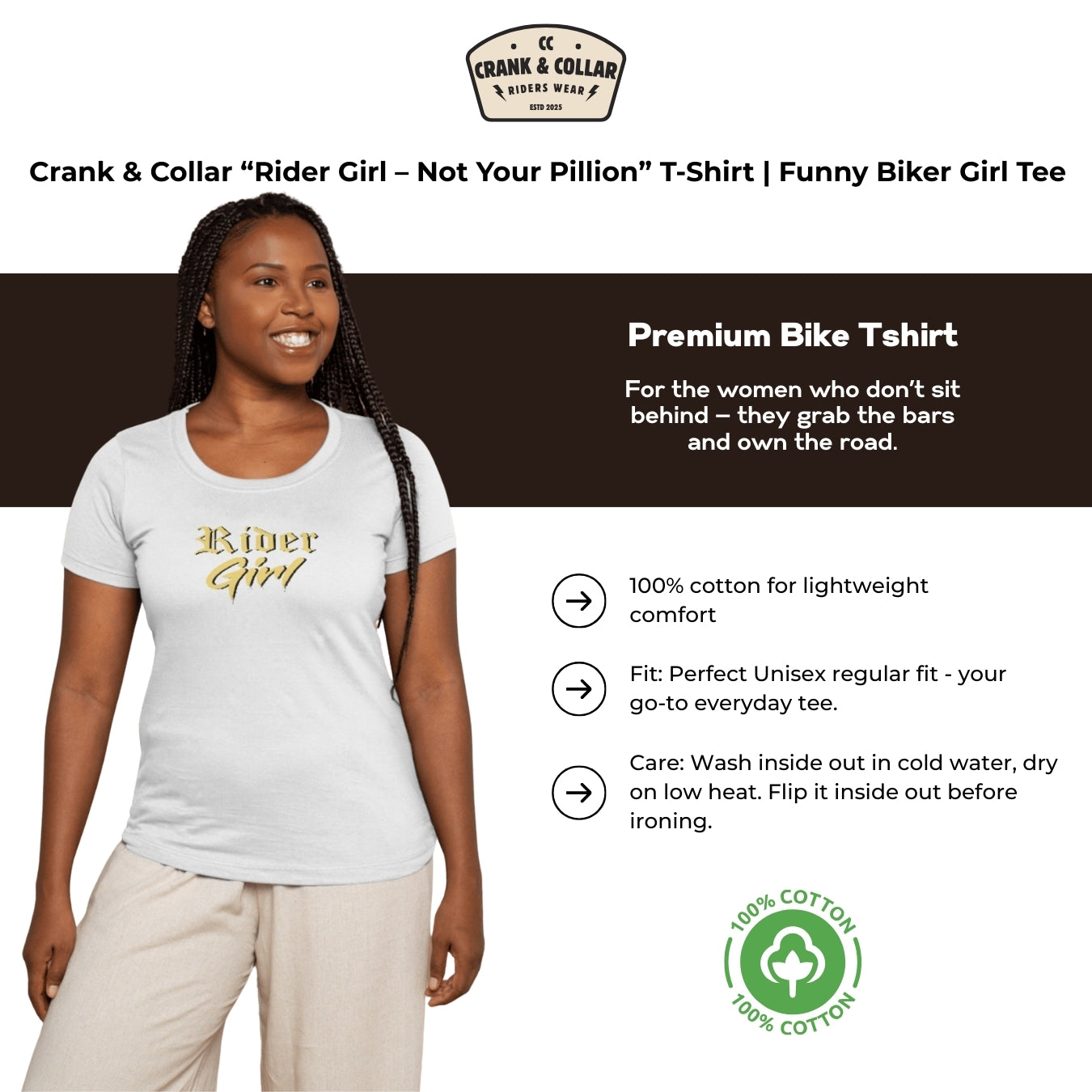 Crank & Collar “Rider Girl – Not Your Pillion” T-Shirt | Biker Girl Tee