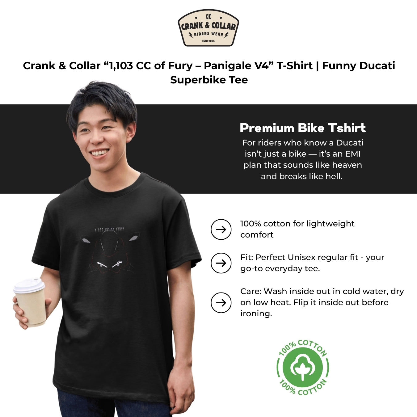 Crank & Collar “1,103 CC of Fury – Panigale V4” T-Shirt | Funny Ducati Superbike Tee