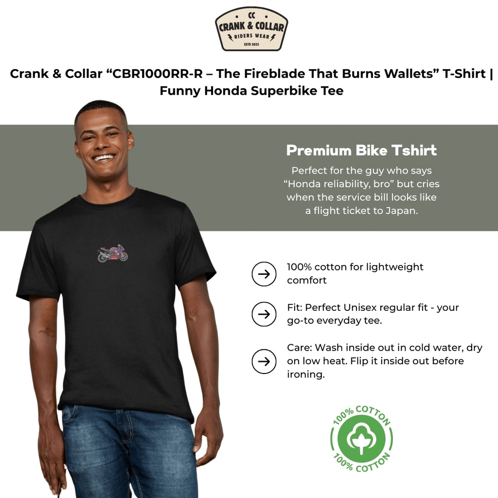 Crank & Collar “CBR1000RR-R – The Fireblade That Burns Wallets” T-Shirt | Honda Superbike Tee